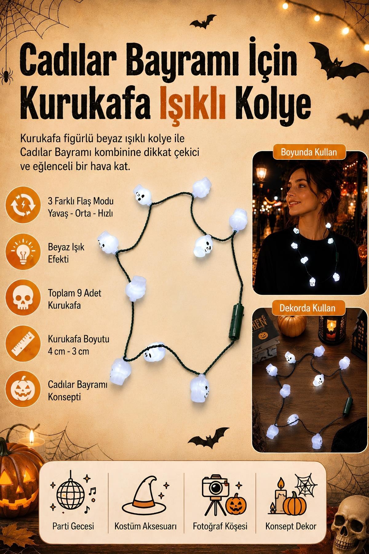 Halloween Cadılar Bayramı Kurukafa Işıklı Kolye – 9 Figürlü 3 Modlu Beyaz Işıklı Kostüm Aksesuarı