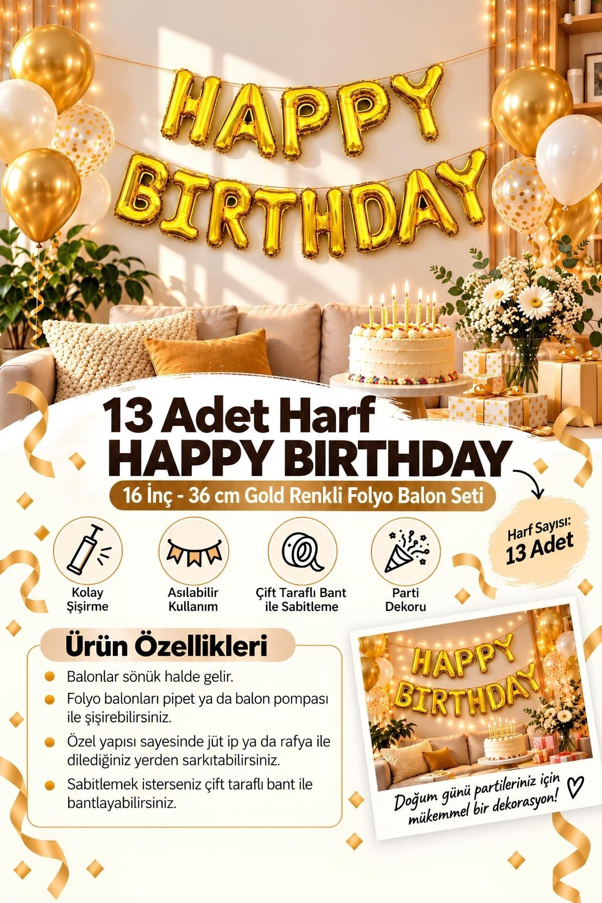 Happy Birthday Harf 13 Parça Gold Altın Renk Folyo Balon Seti