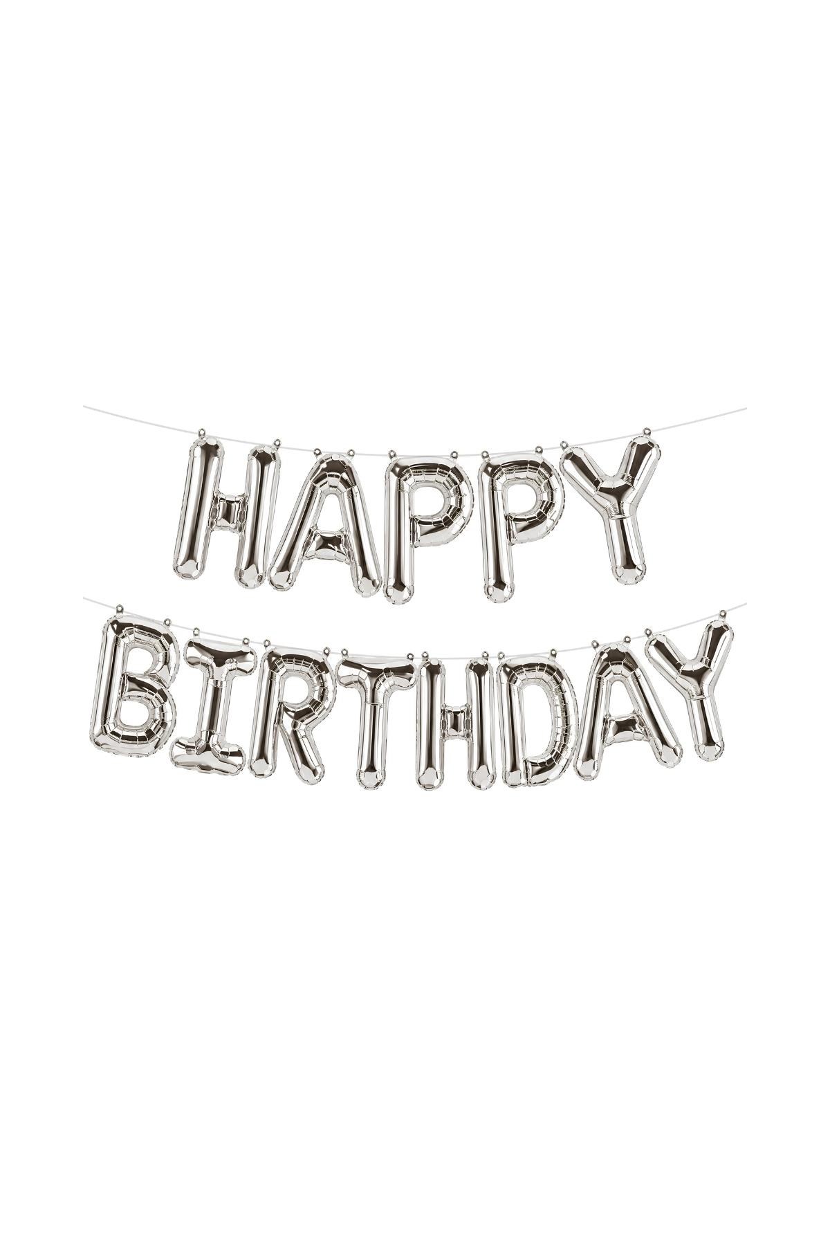 Happy Birthday Harf 13 Parça Gümüş Renk Folyo Balon Seti