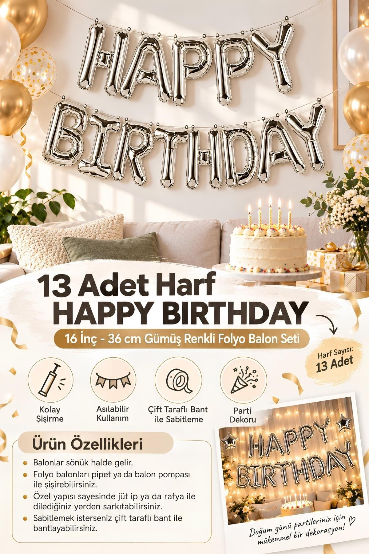 Happy Birthday Harf 13 Parça Gümüş Renk Folyo Balon Seti
