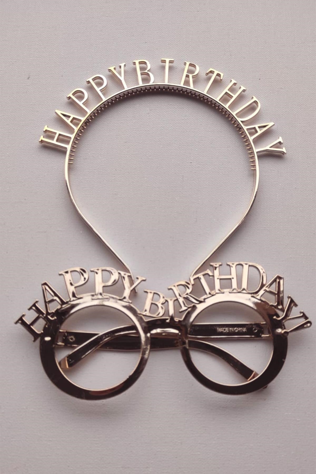 Happy Birthday Tac Gözlük Seti Rose Gold Renk Doğum Günü Parti Aksesuar Taç Gözlük