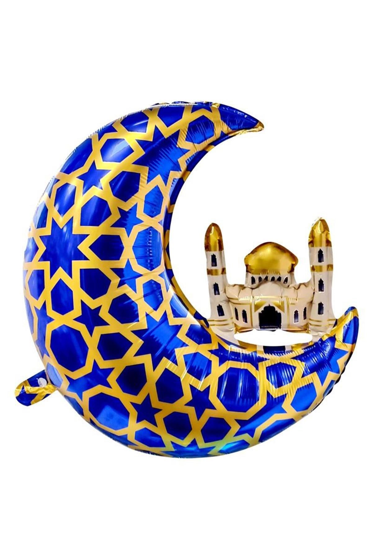 Hilal Cami Folyo Balon 55 Cm Hoşgeldin Ramazan Bayramı Temalı İslami Motifli Mavi Gold Renk Süs