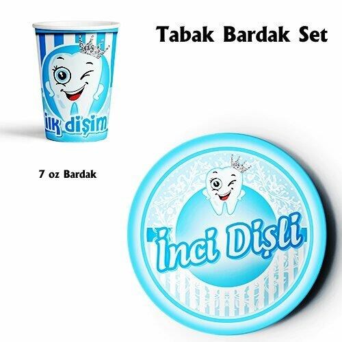 İlk Dişim Çıktı Diş Buğdayı Teması Partisi İnci Dişli Tabak Bardak 8li Mavi Renk İlk Diş Konsepti