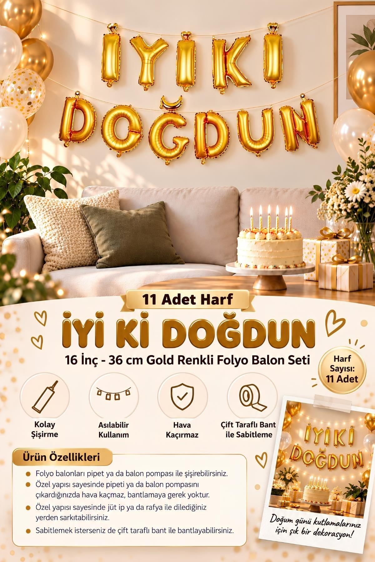 İyi Ki Doğdun 11 Parça Harf Gold Altın Renk Folyo Balon Seti