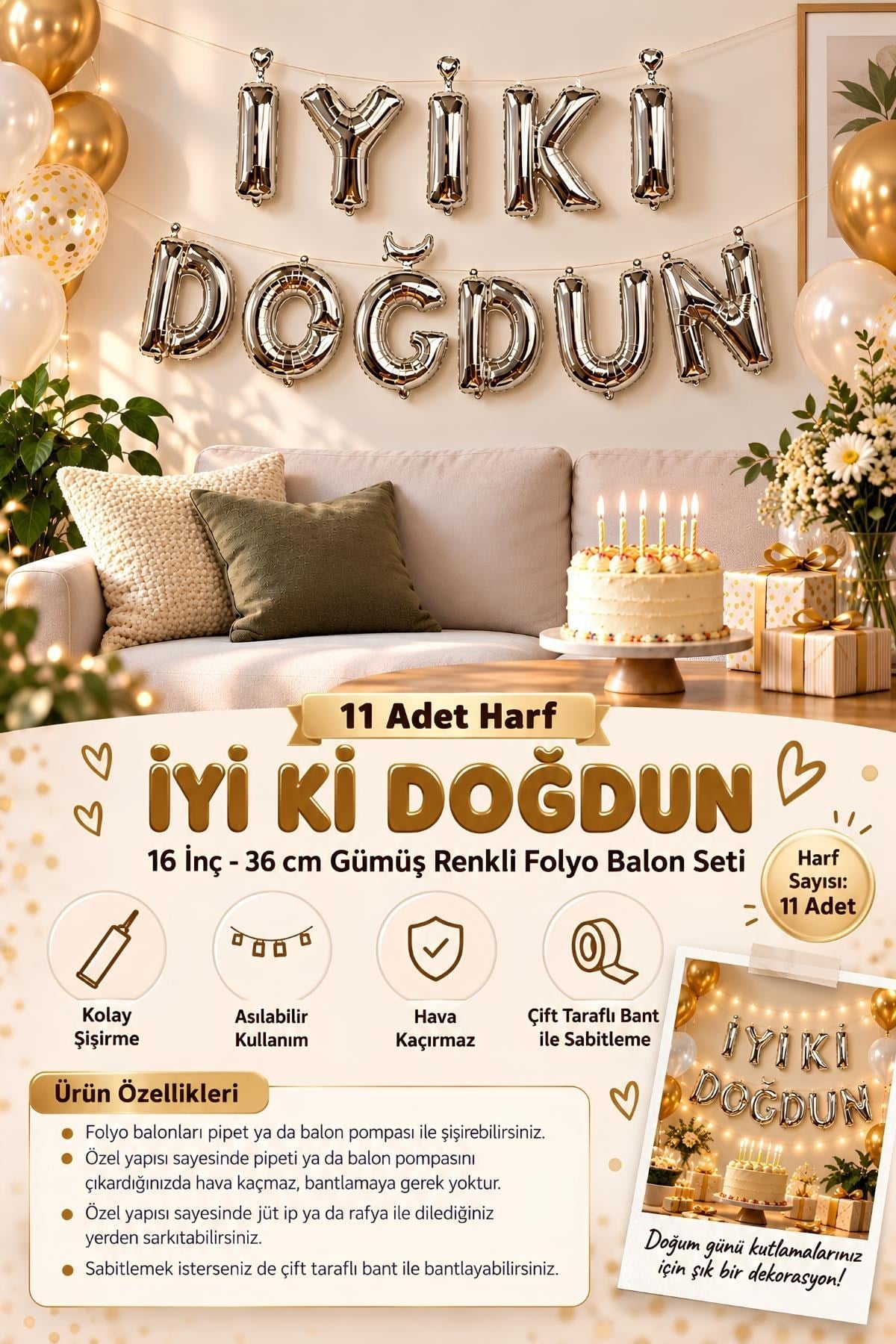 İyi Ki Doğdun 11 Parça Harf Gümüş Renk Folyo Balon Seti