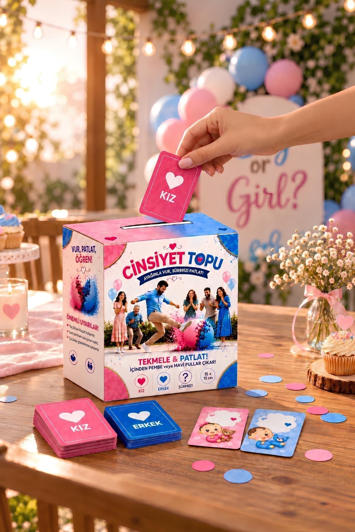 Kız Cinsiyet Belirleme Topu ve 24lü Tahmin Kartı Seti – Pembe Pul Çıkan Gender Reveal Parti Seti