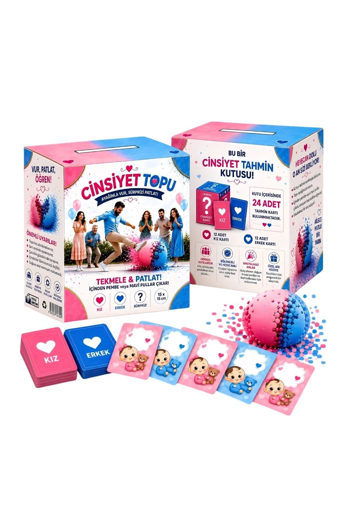 Kız Cinsiyet Belirleme Topu ve 24lü Tahmin Kartı Seti – Pembe Pul Çıkan Gender Reveal Parti Seti
