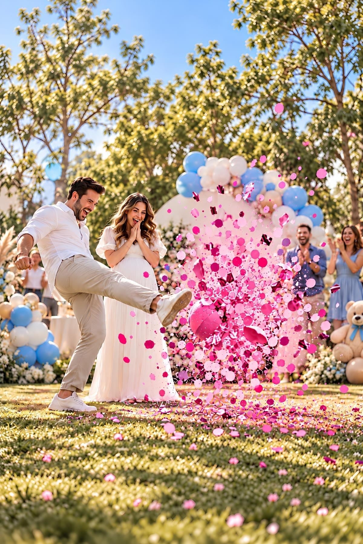 Kız Cinsiyet Belirleme Topu ve 24lü Tahmin Kartı Seti – Pembe Pul Çıkan Gender Reveal Parti Seti