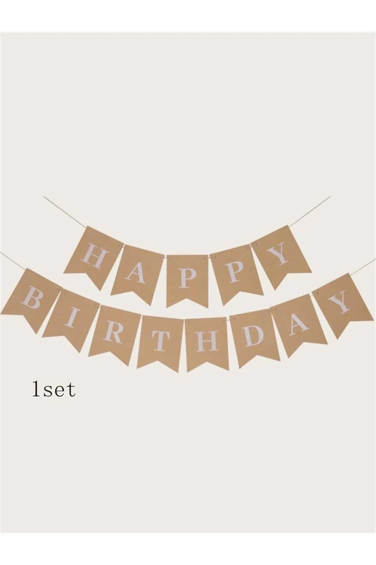 Kraft Renk Beyaz Retro Happy Birthday Banner 