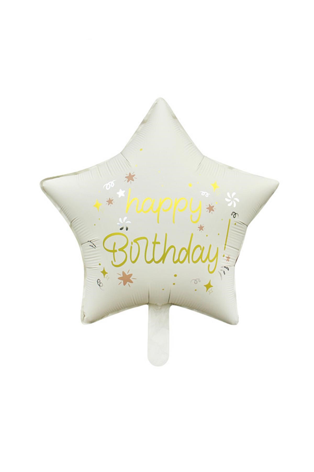 Krem Happy Birthday Yıldız Folyo Balon 45 cm 