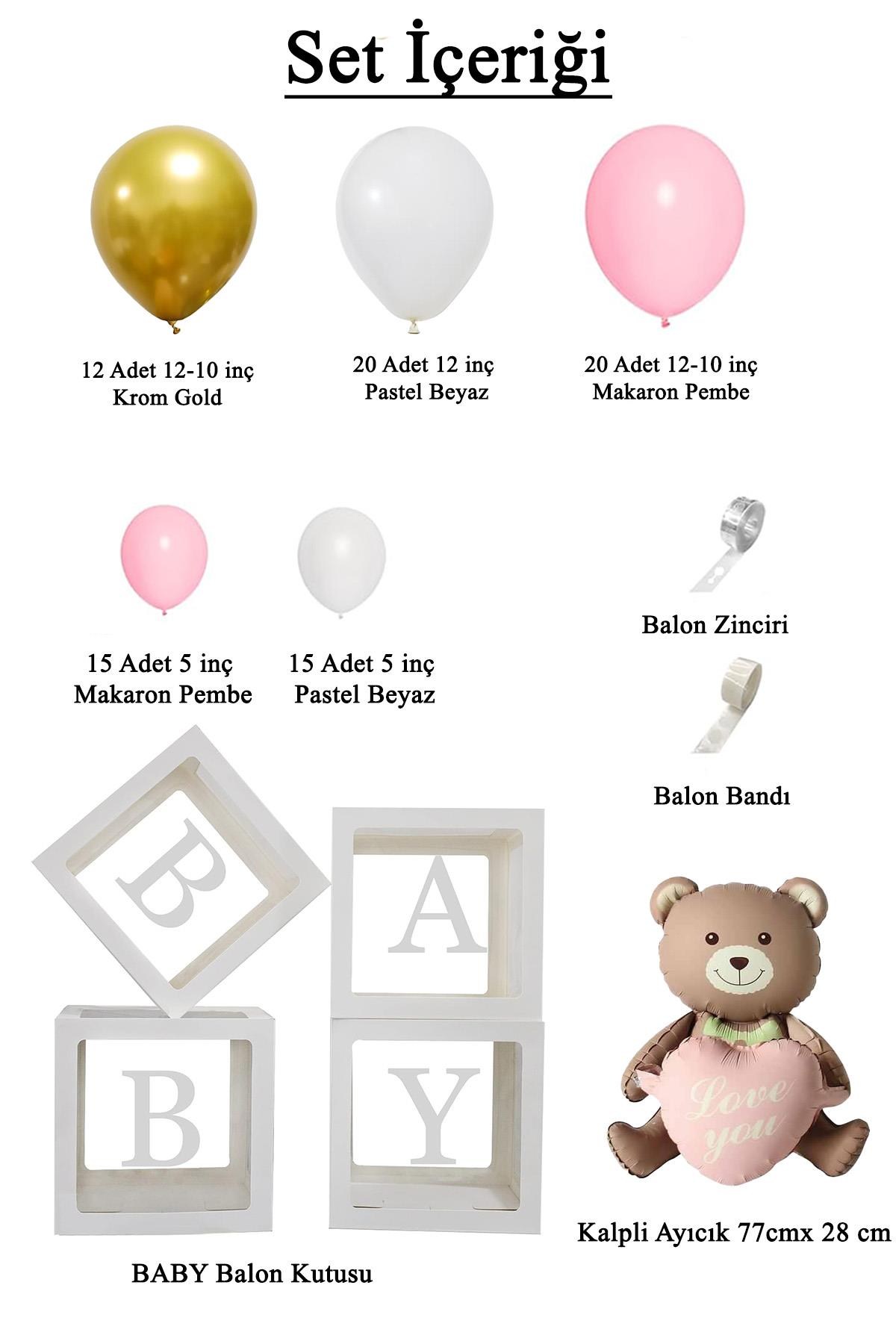 Krom Gold, Makaron Pembe ve Beyaz Balon Temalı Baby Shower Set; Baby Kutu Pembe Kalpli Ayıcık Folyo Ve Balon Zincir Set