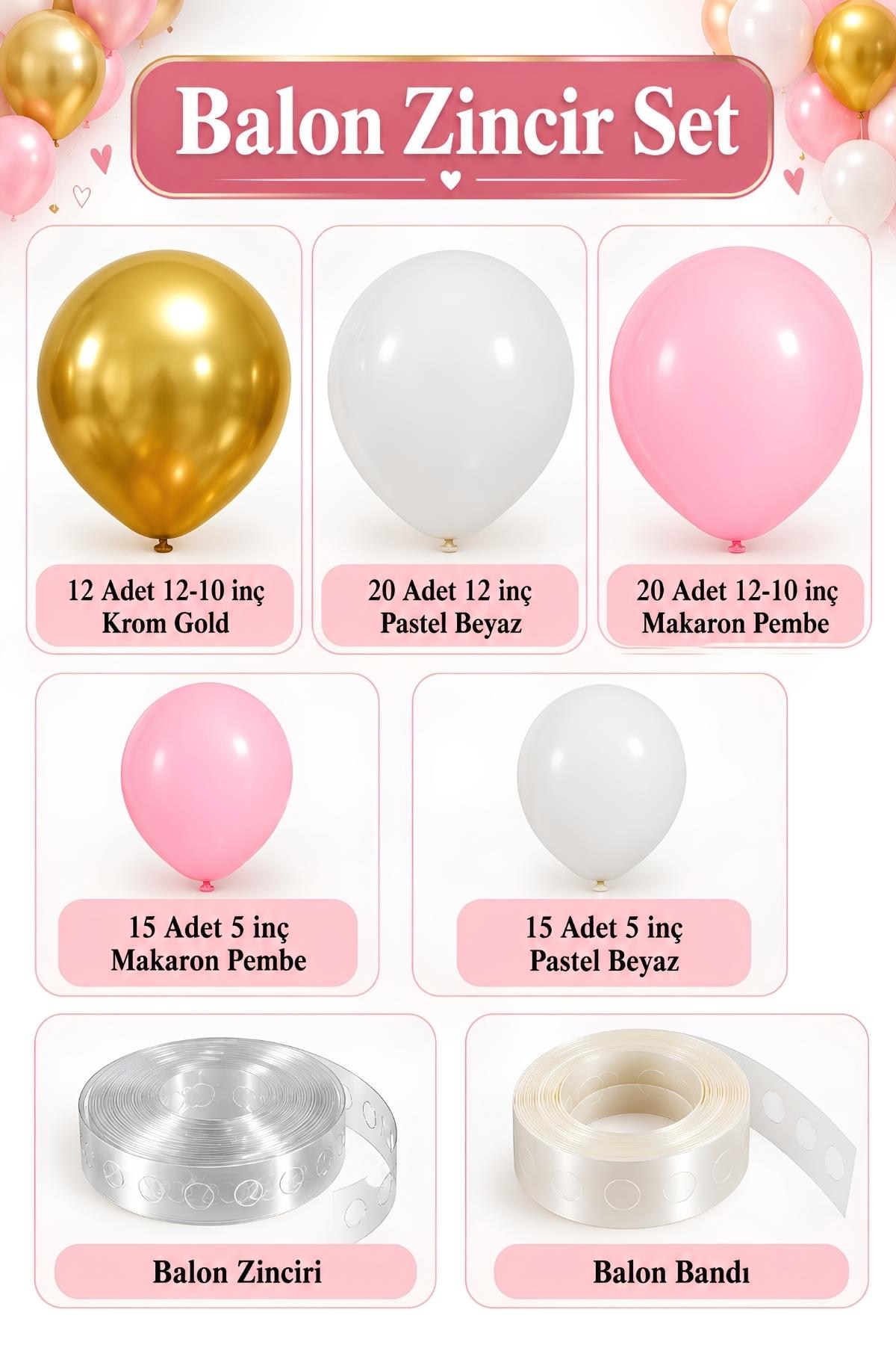 Krom Gold, Pastel Beyaz  ve Makaron Pembe Temalı Balon Seti
