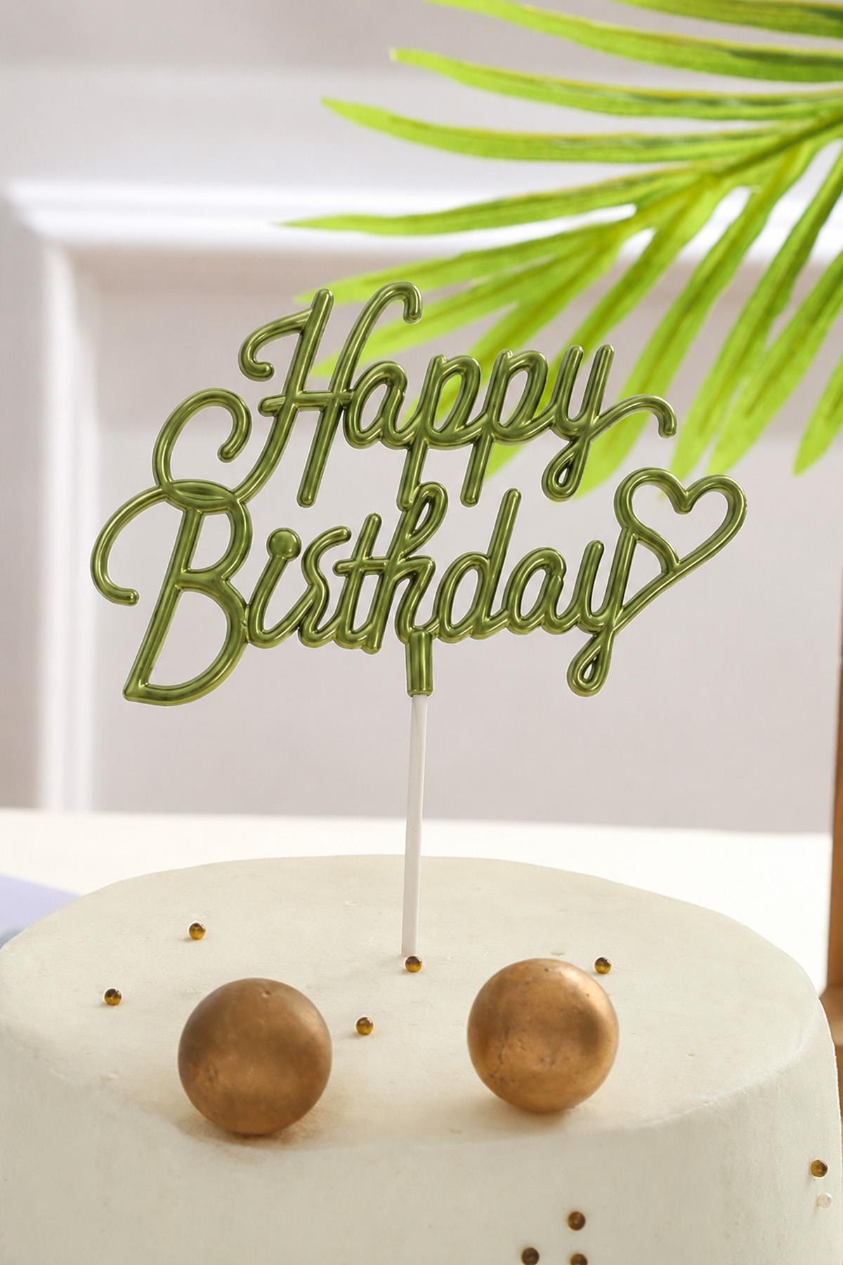 Küf Yeşili Happy Birthday Yazılı Pasta Süsü