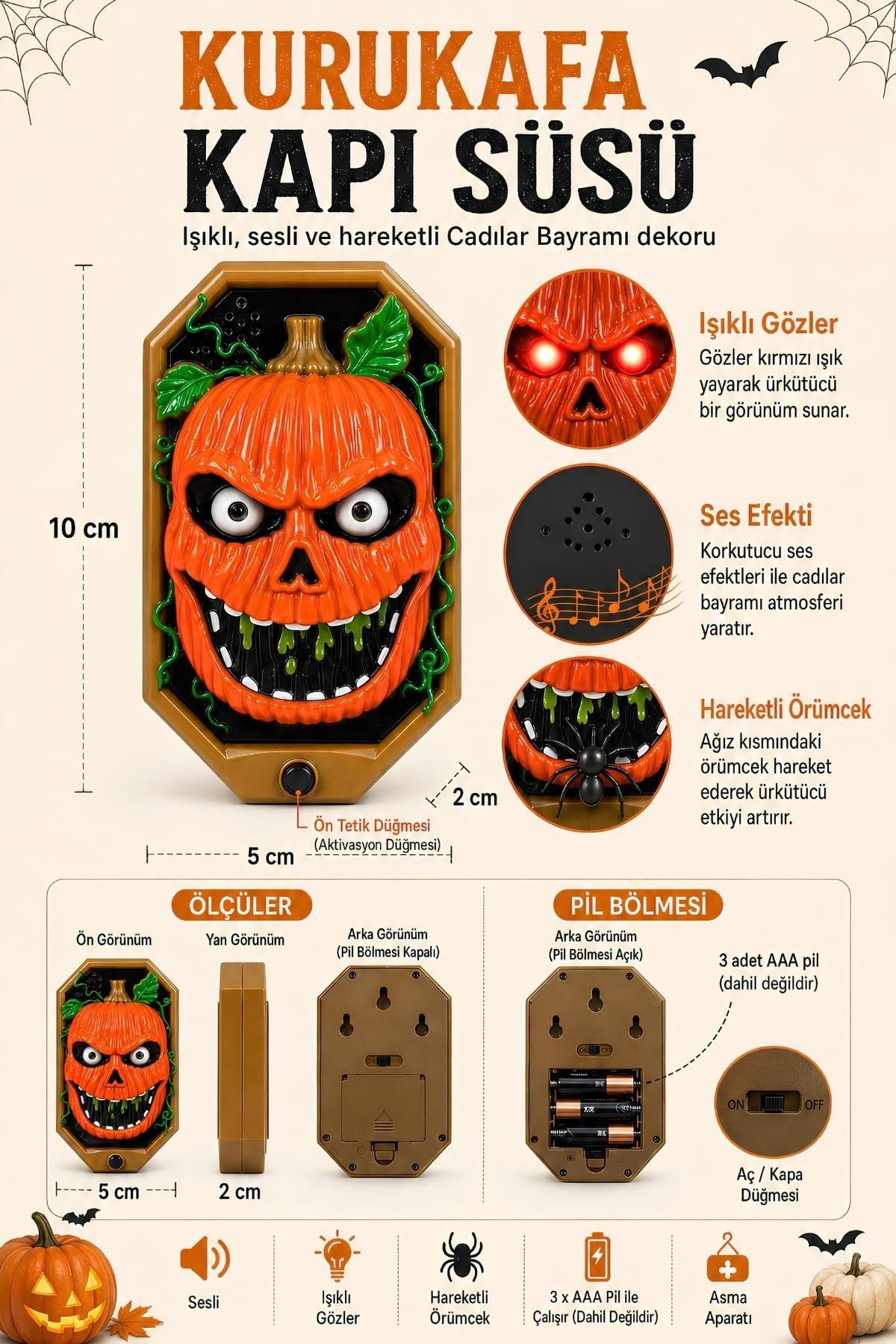 Kurukafa Kapı Süsü Işıklı Sesli Hareketli Örümcek Halloween Cadılar Bayramı Dekoru