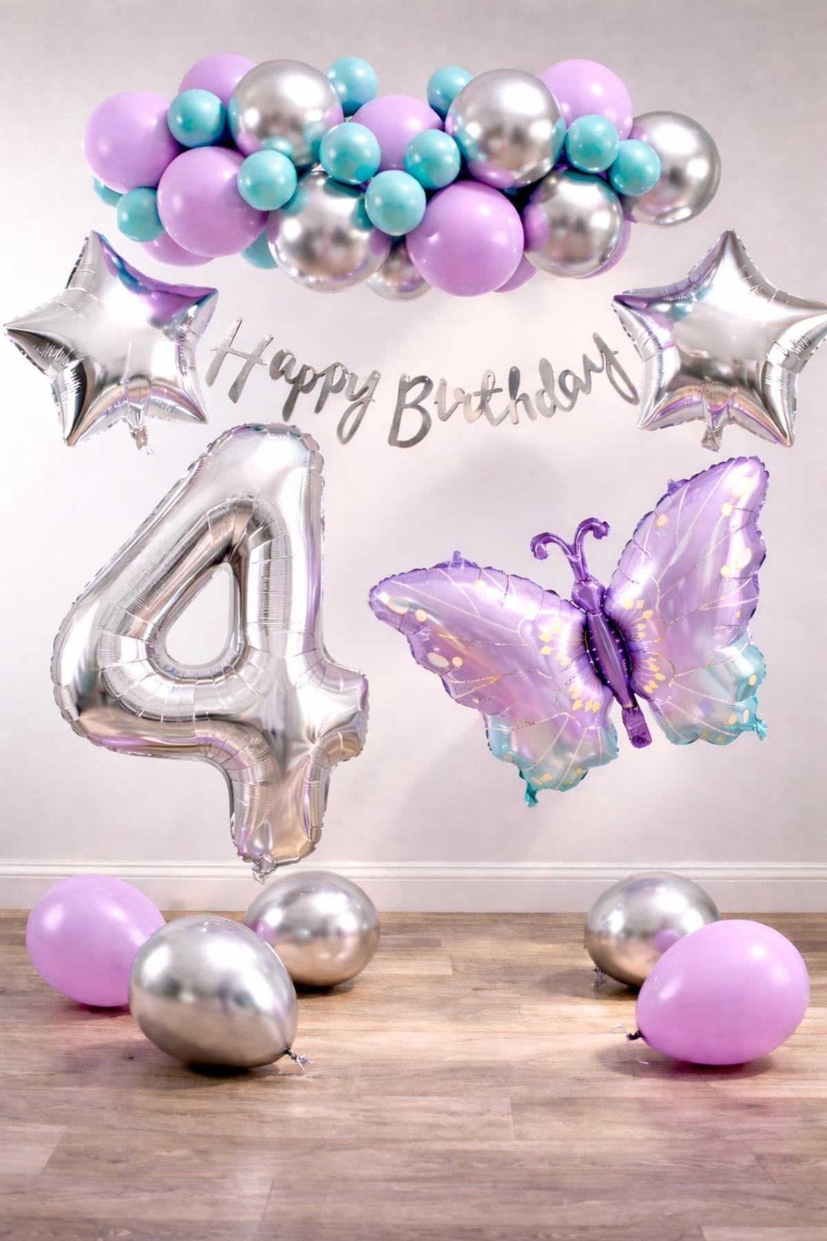 Lila Kelebek Temalı 4 Yaş Doğum Günü Balon Süsleme Seti – Lila Gümüş Parti Dekorasyon Seti