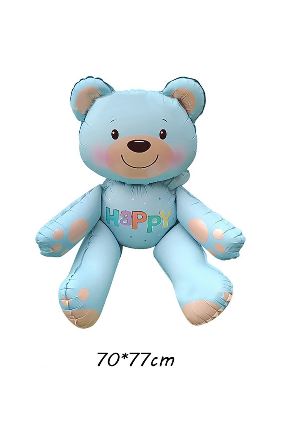 Mavi Renk Happy Yazılı Oturan Ayı Folyo Balon 77x70 Cm 