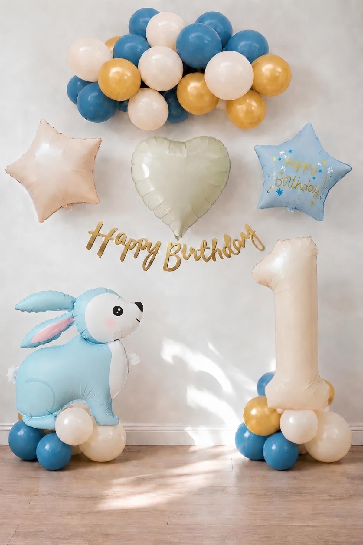 Mavi Tavşan Temalı 1 Yaş Doğum Günü Balon Seti