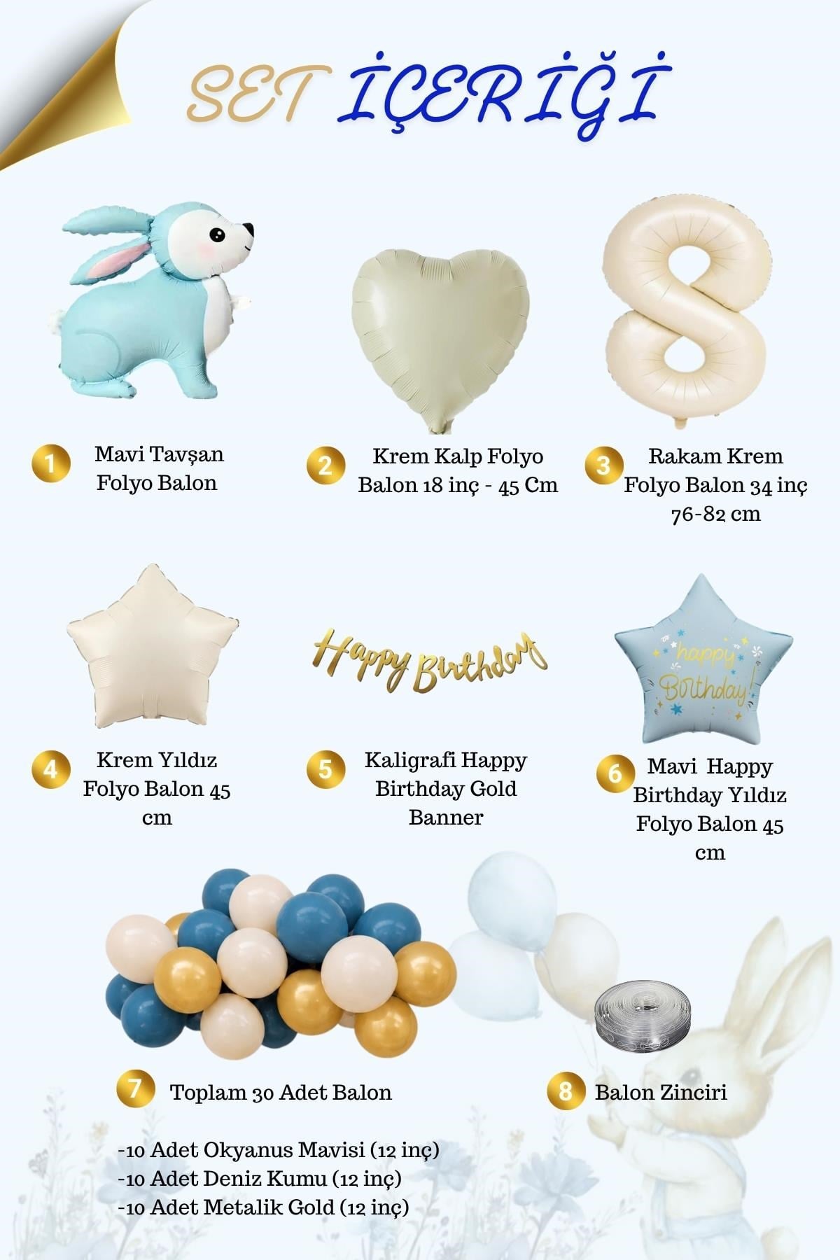 Mavi Tavşan Temalı 8 Yaş Doğum Günü Balon Seti
