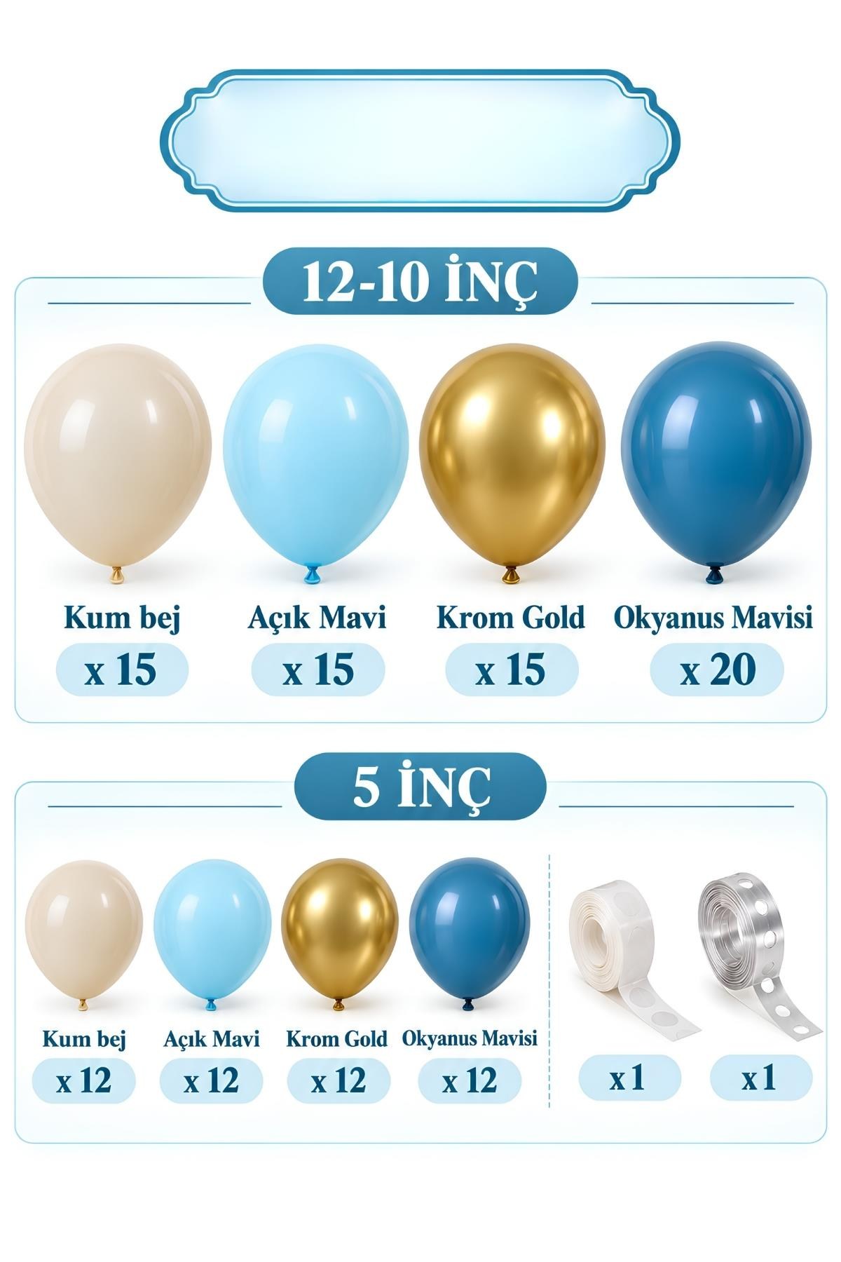 Okyanus Mavi, Deniz Kumu ve Krom Gold Temalı  115 Adet Balon Zincir Set