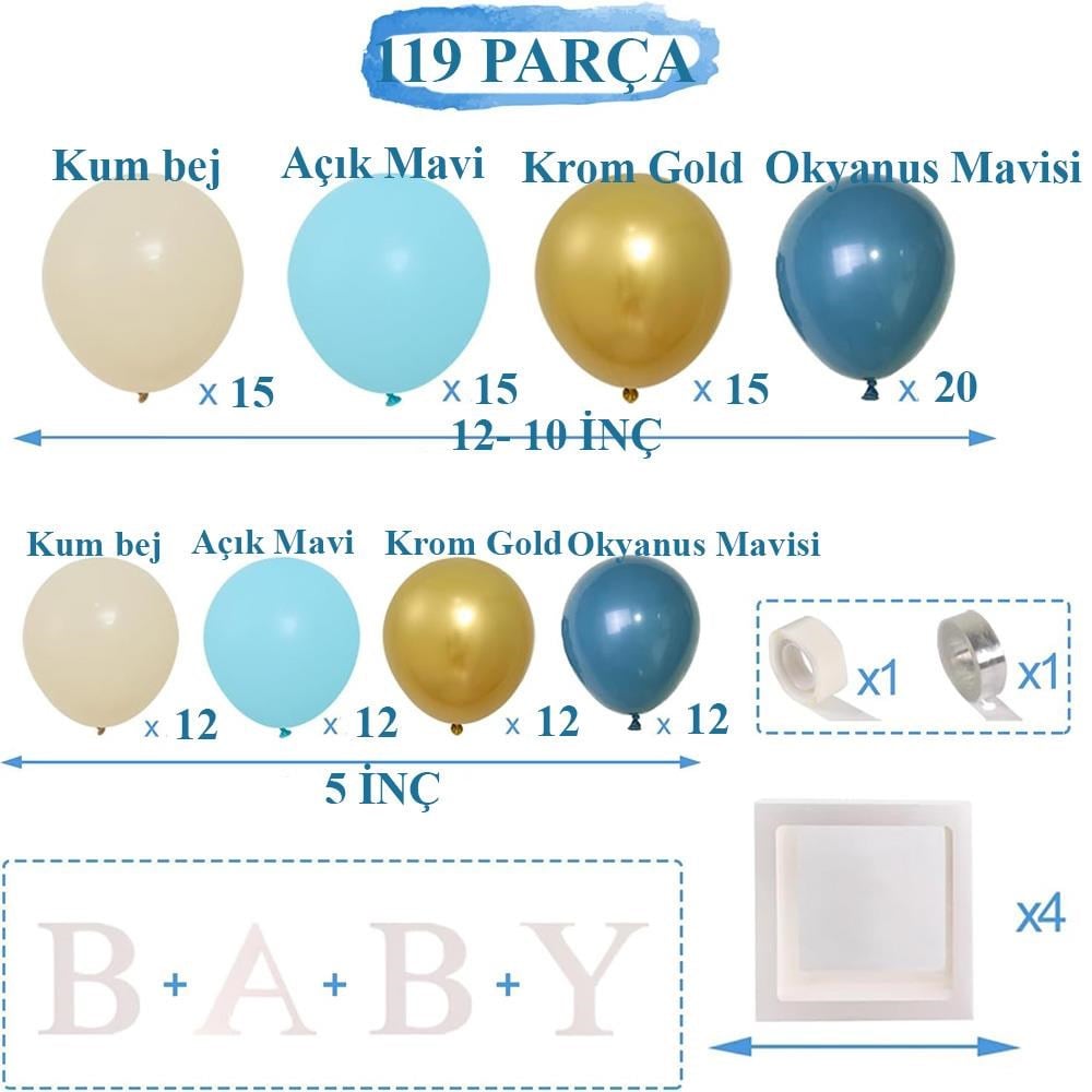 Okyanus Temalı Baby Shower Set 119 Parça; Baby Kutu ve Lateks Balon Set