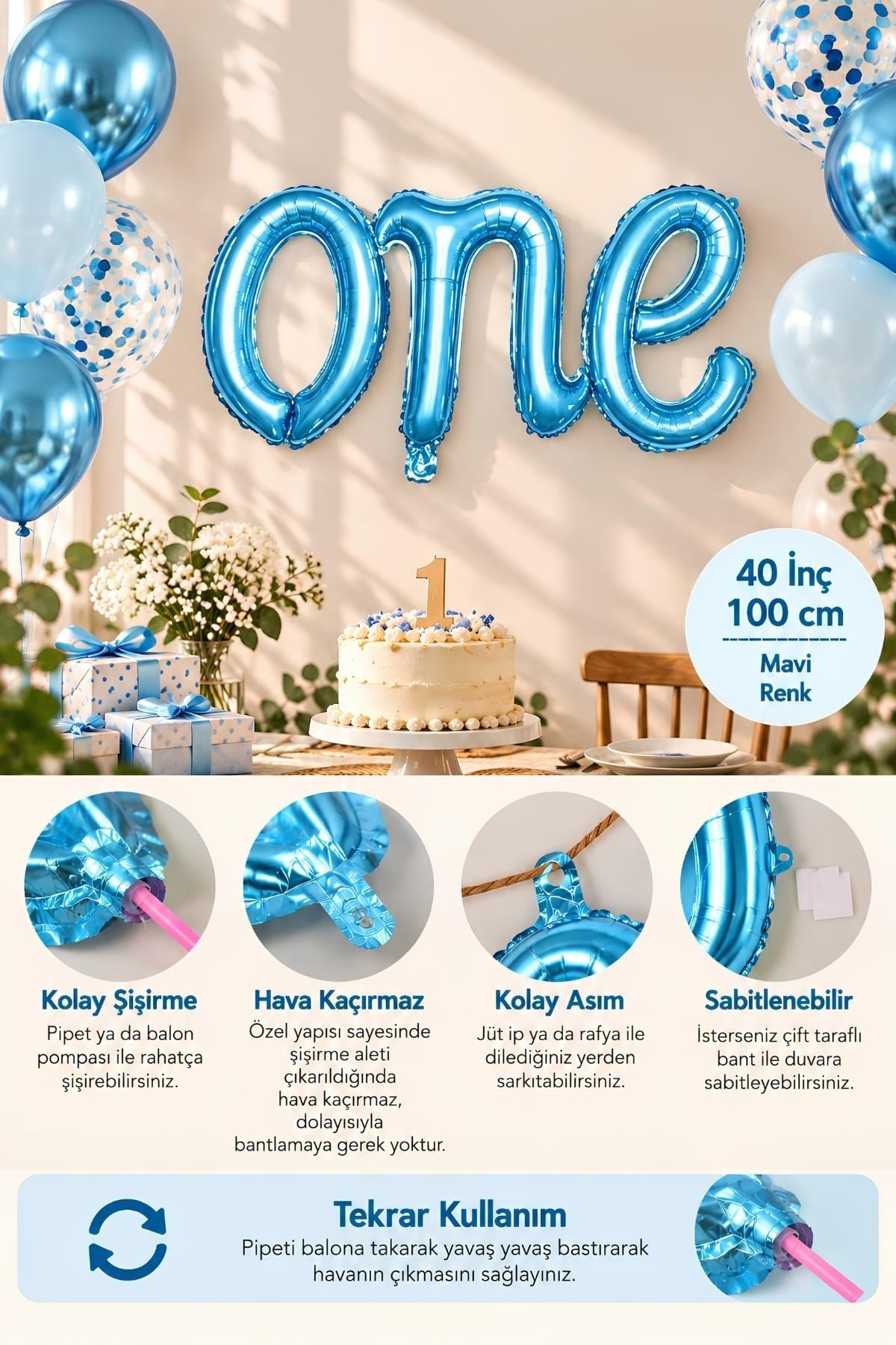 One Mavi Folyo Balon - Bebek Çocuk Parti Kutlama Seti 
