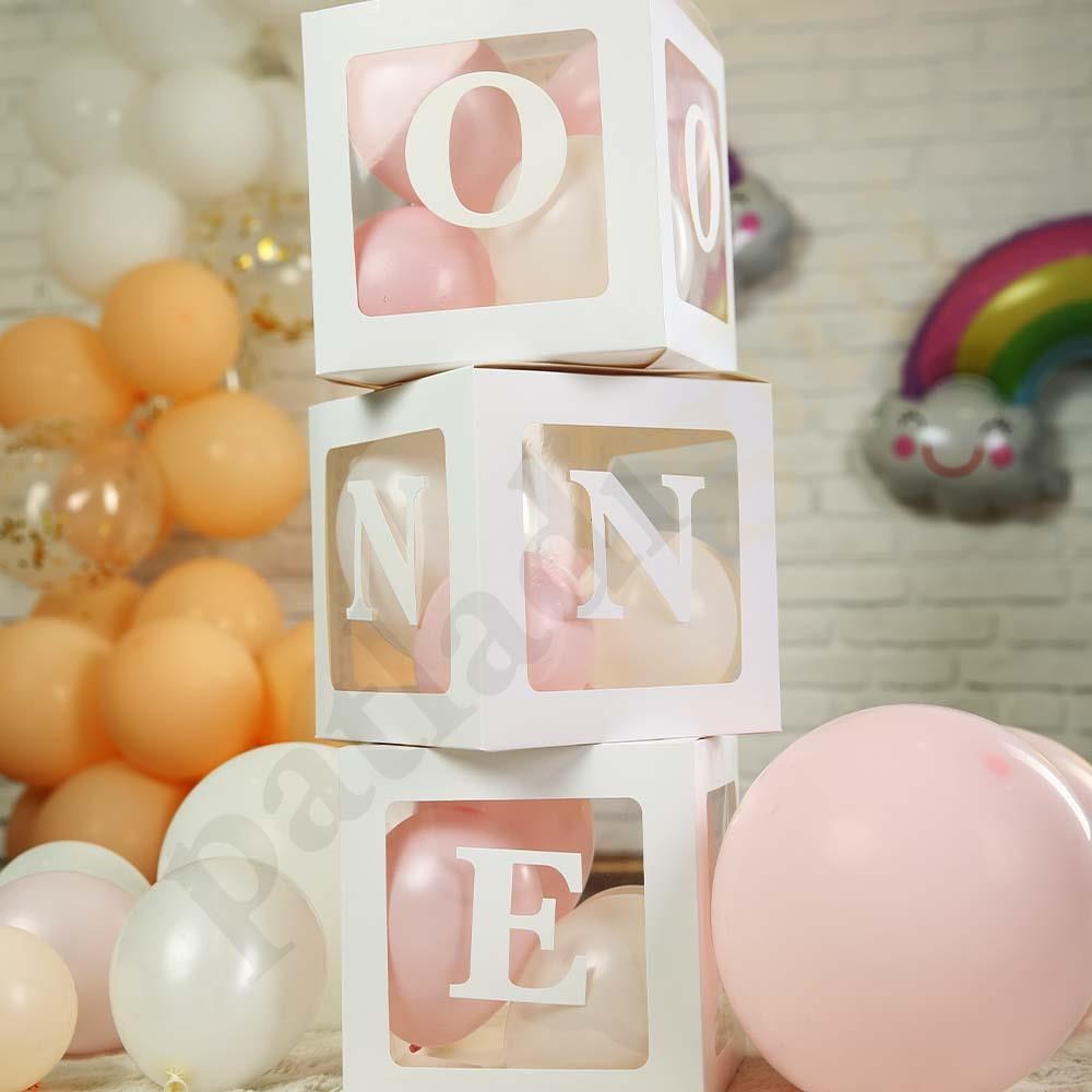 One Yazılı Beyaz Kutu ve Balon Seti Kız Bebek 1 Yaş Doğum Günü Kutlama