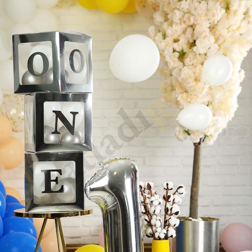 One Yazılı Gümüş Kutu ve Balon Seti Bebek 1 Yaş Doğum Günü Kutlama
