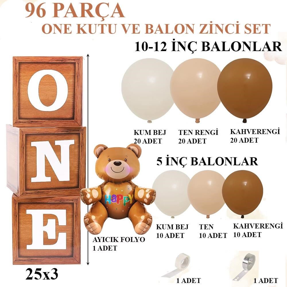 Oyuncak Ayı Temalı 1 Yaş Doğum Günü Seti; Ahşap Görünümlü One Kutu, Ayıcık Folyo Ve Retro Balon Zincir Set