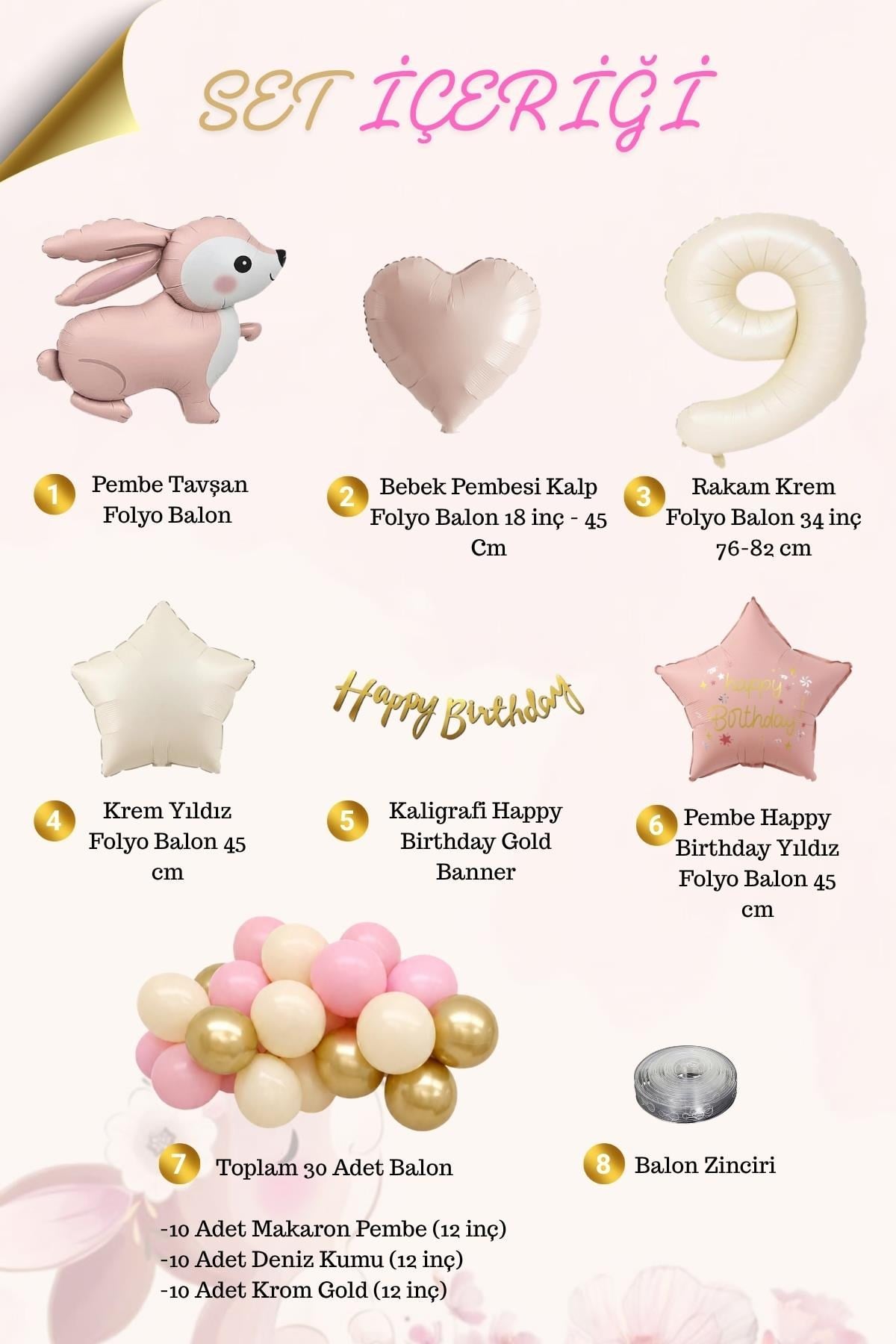 Pembe Tavşanlı 9 Yaş Doğum Günü Balon Seti