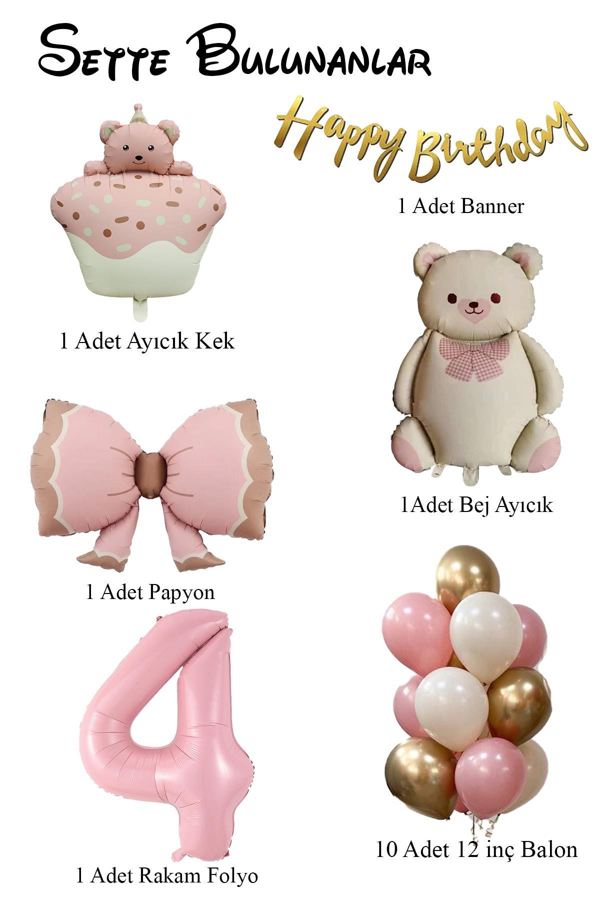 Retro 4 Yaş Ayıcık Temalı  Kız Bebek Konsept Doğum Günü Seti