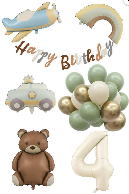 Retro 4 Yaş Doğum Günü Seti; Uçak, Araba, Gökkuşağı, Ayıcık ve 20 Adet Lateks Balon Set