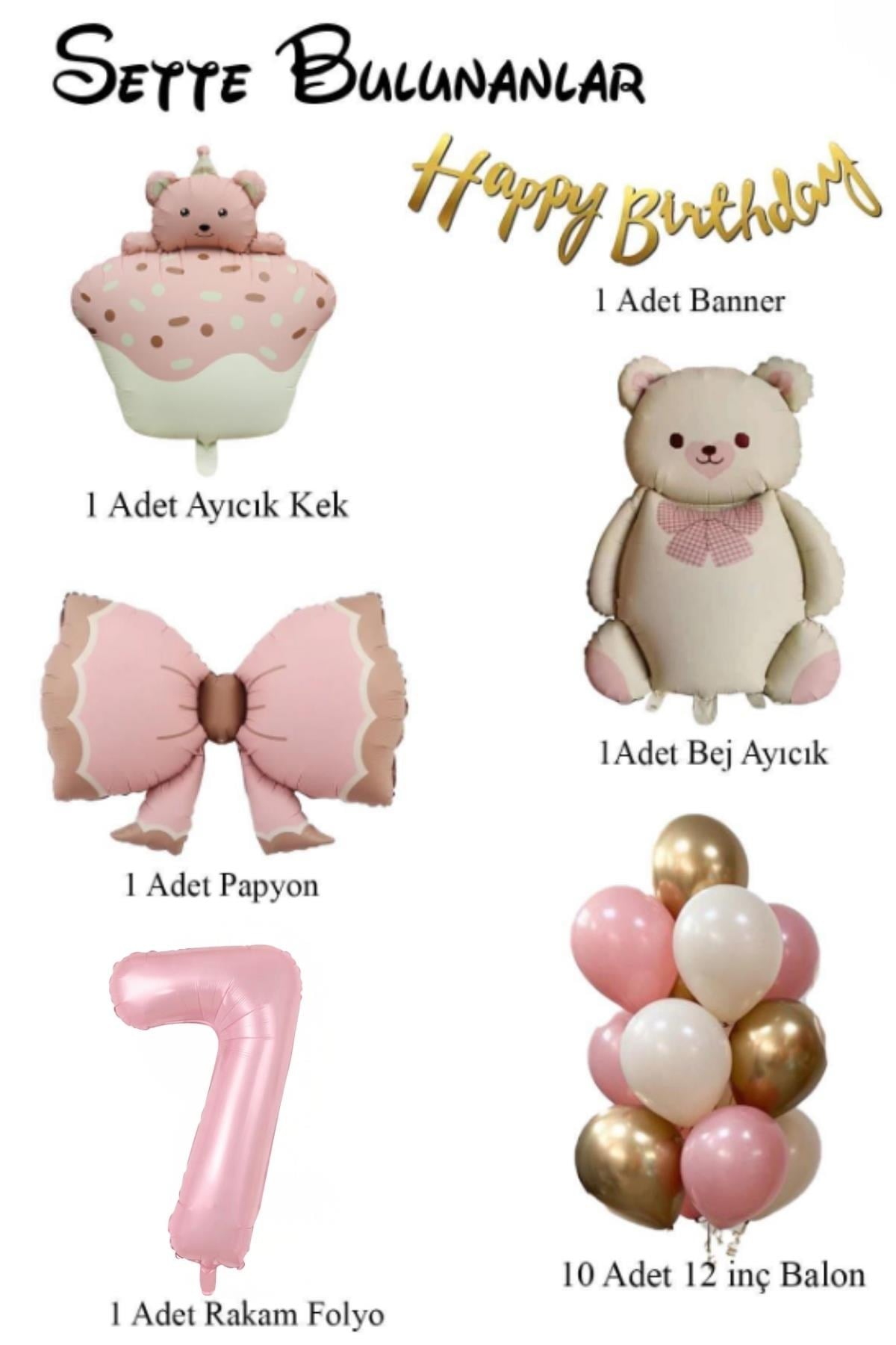Retro 7 Yaş Ayıcık Tempalı  Kız Bebek Konset Doğum Günü Seti