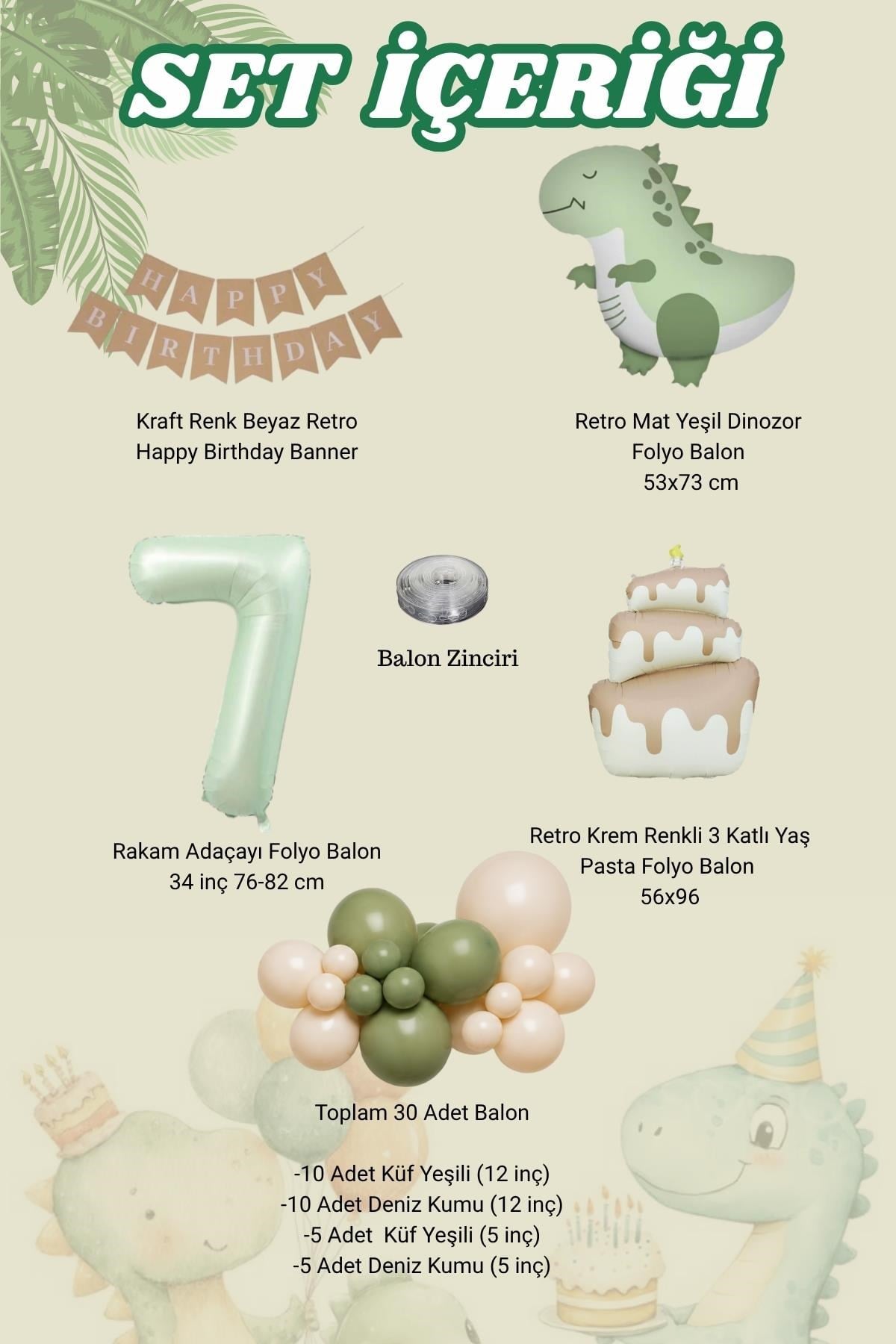 Retro Mat Dinozor Temalı 7 Yaş Doğum Günü Balon Seti