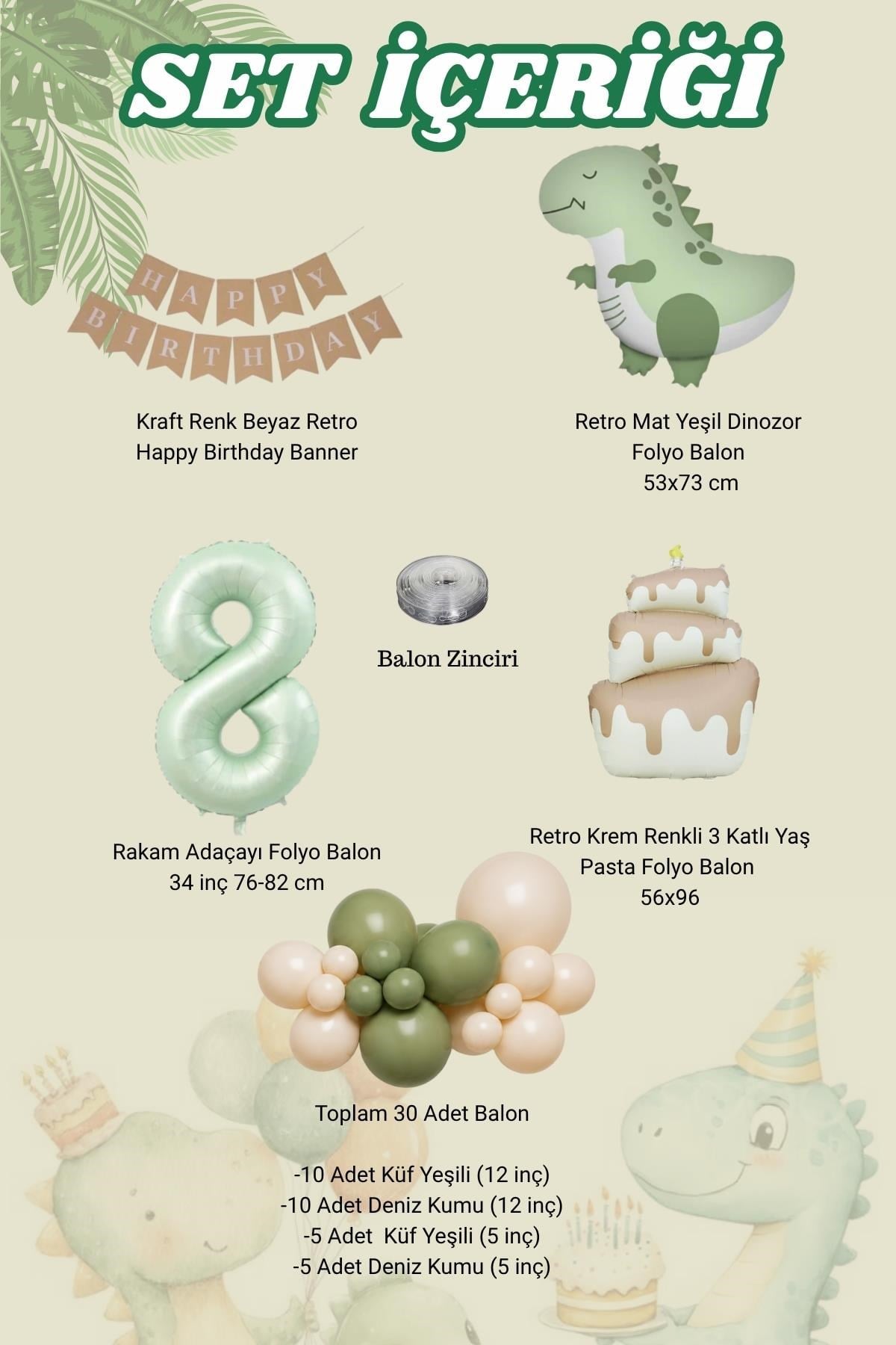 Retro Mat Dinozor Temalı 8 Yaş Doğum Günü Balon Seti