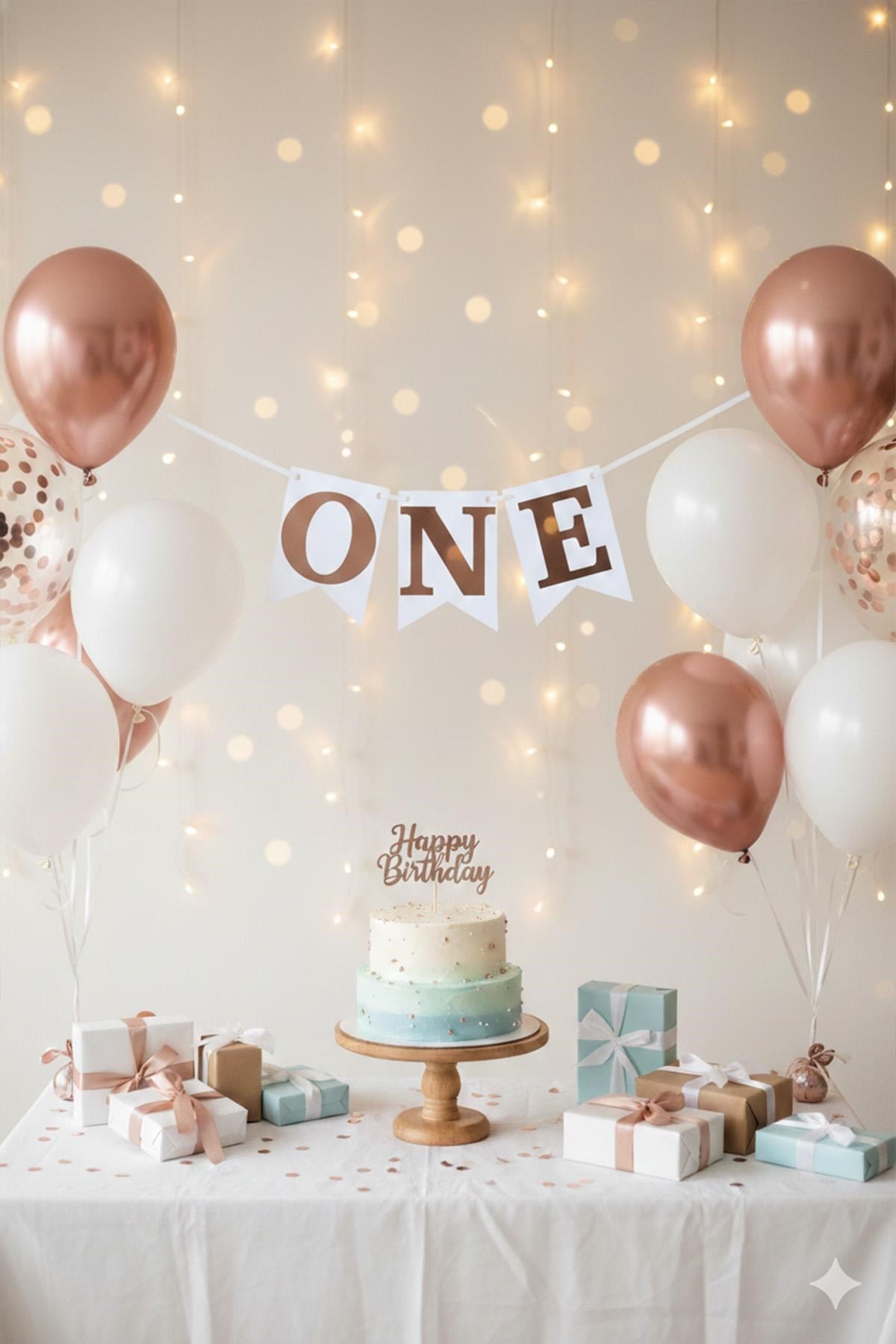 Rose Gold One Yazılı Banner 1 Yaş Doğum Günü Süsü