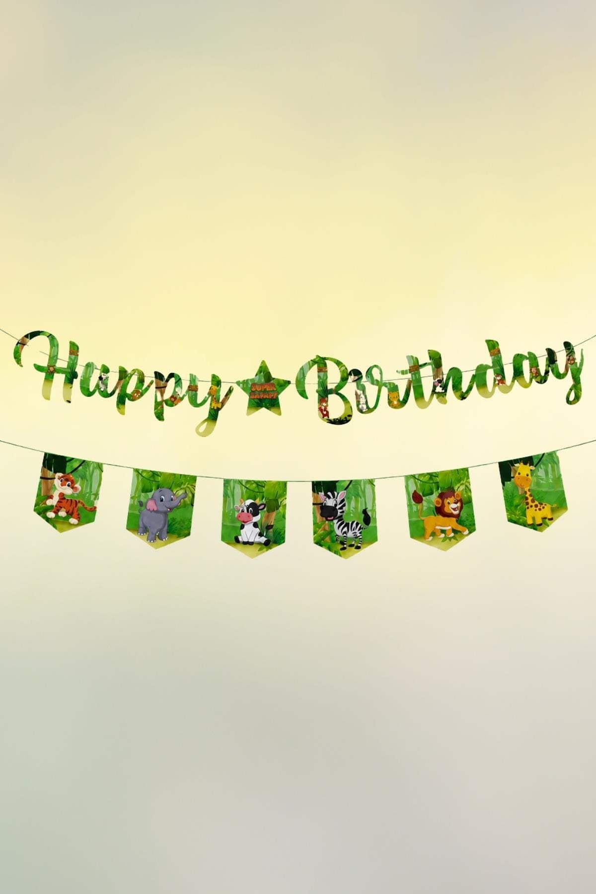 Safari Temalı Happy Birthday Banner Seti – Doğum Günü Yazı Bannerı ve 6’lı Flama Süs