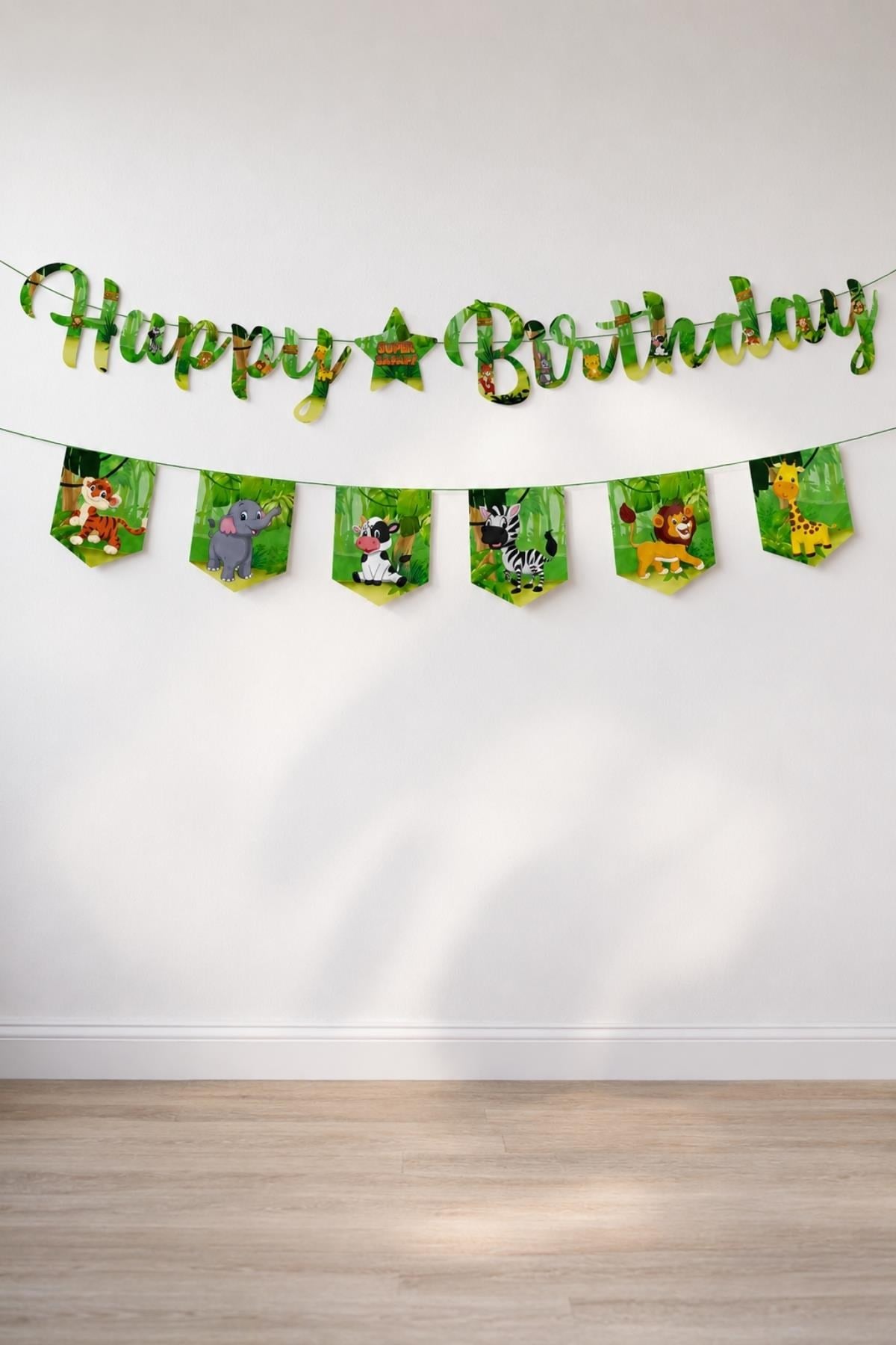 Safari Temalı Happy Birthday Banner Seti – Doğum Günü Yazı Bannerı ve 6’lı Flama Süs