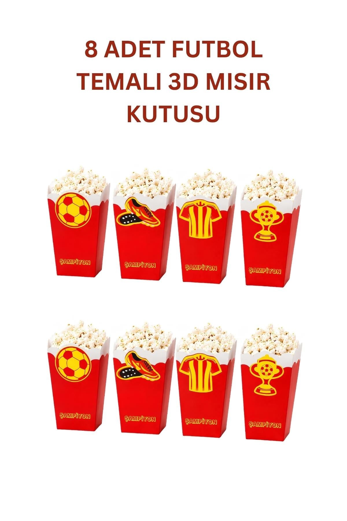 Sarı Kırmızı Futbol Temalı 3D Mısır Kutusu 8 Adet