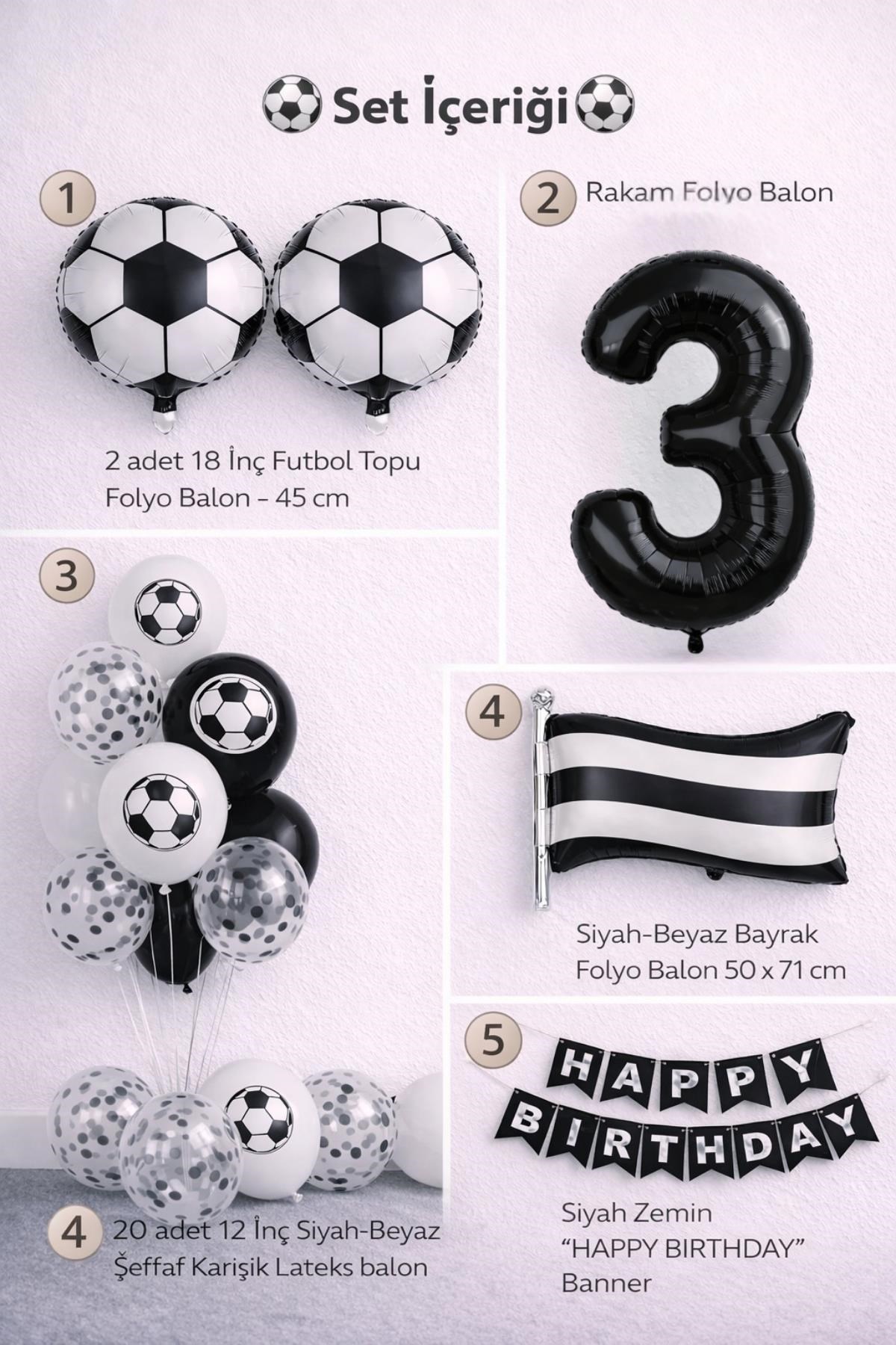 Siyah Beyaz Futbol Temalı 3 Yaş Doğum Günü Balon Seti