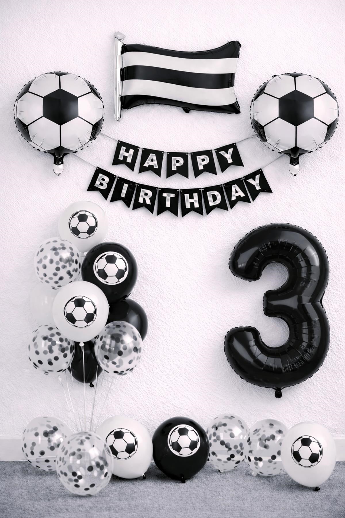 Siyah Beyaz Futbol Temalı 3 Yaş Doğum Günü Balon Seti