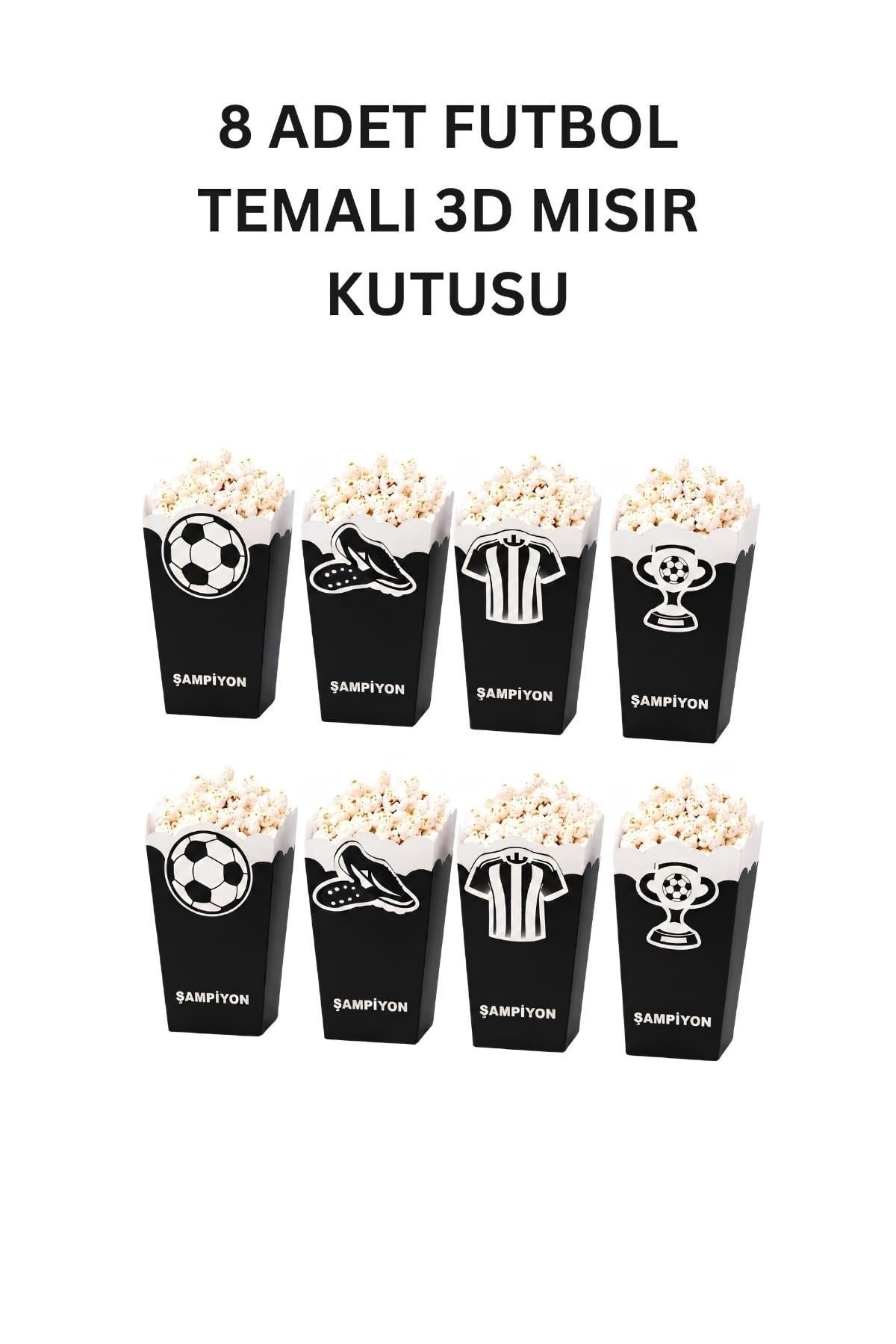 Siyah Beyaz Futbol Temalı 3D Mısır Kutusu 8 Adet