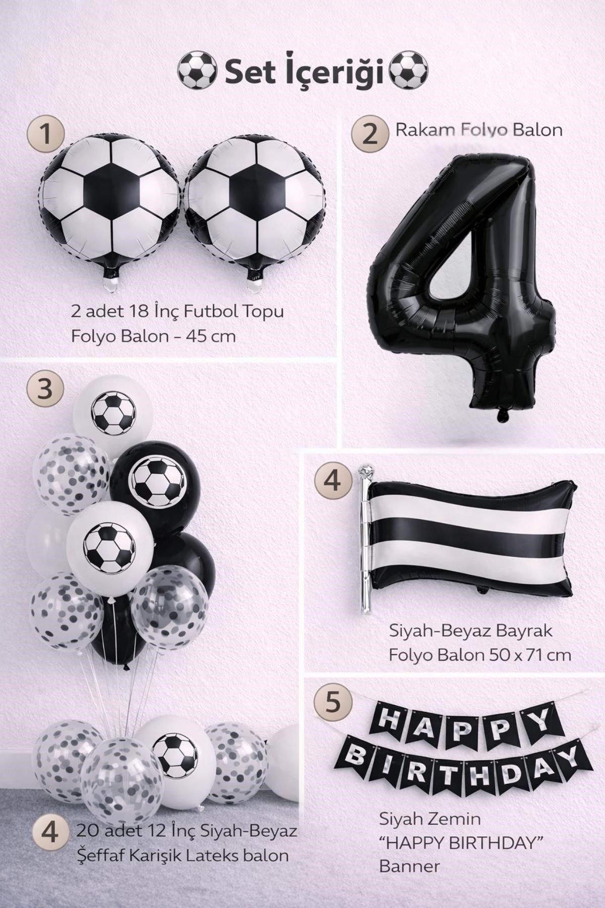 Siyah Beyaz Futbol Temalı 4 Yaş Doğum Günü Balon Seti