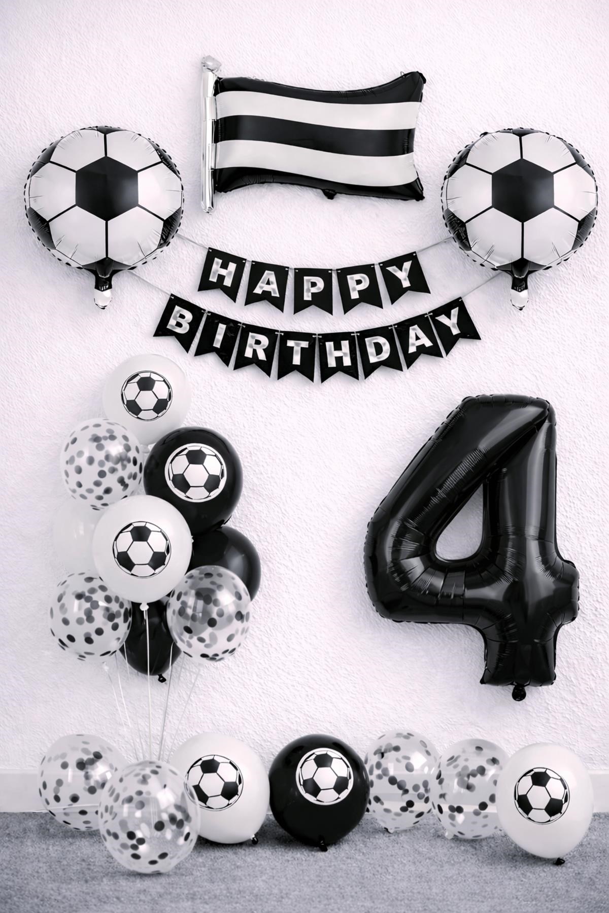 Siyah Beyaz Futbol Temalı 4 Yaş Doğum Günü Balon Seti