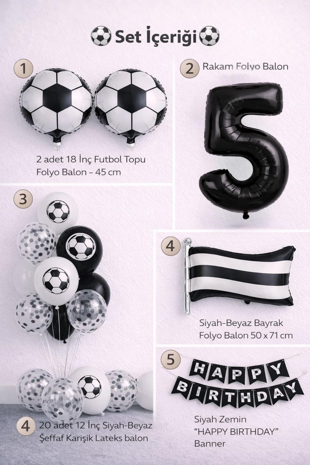 Siyah Beyaz Futbol Temalı 5 Yaş Doğum Günü Balon Seti