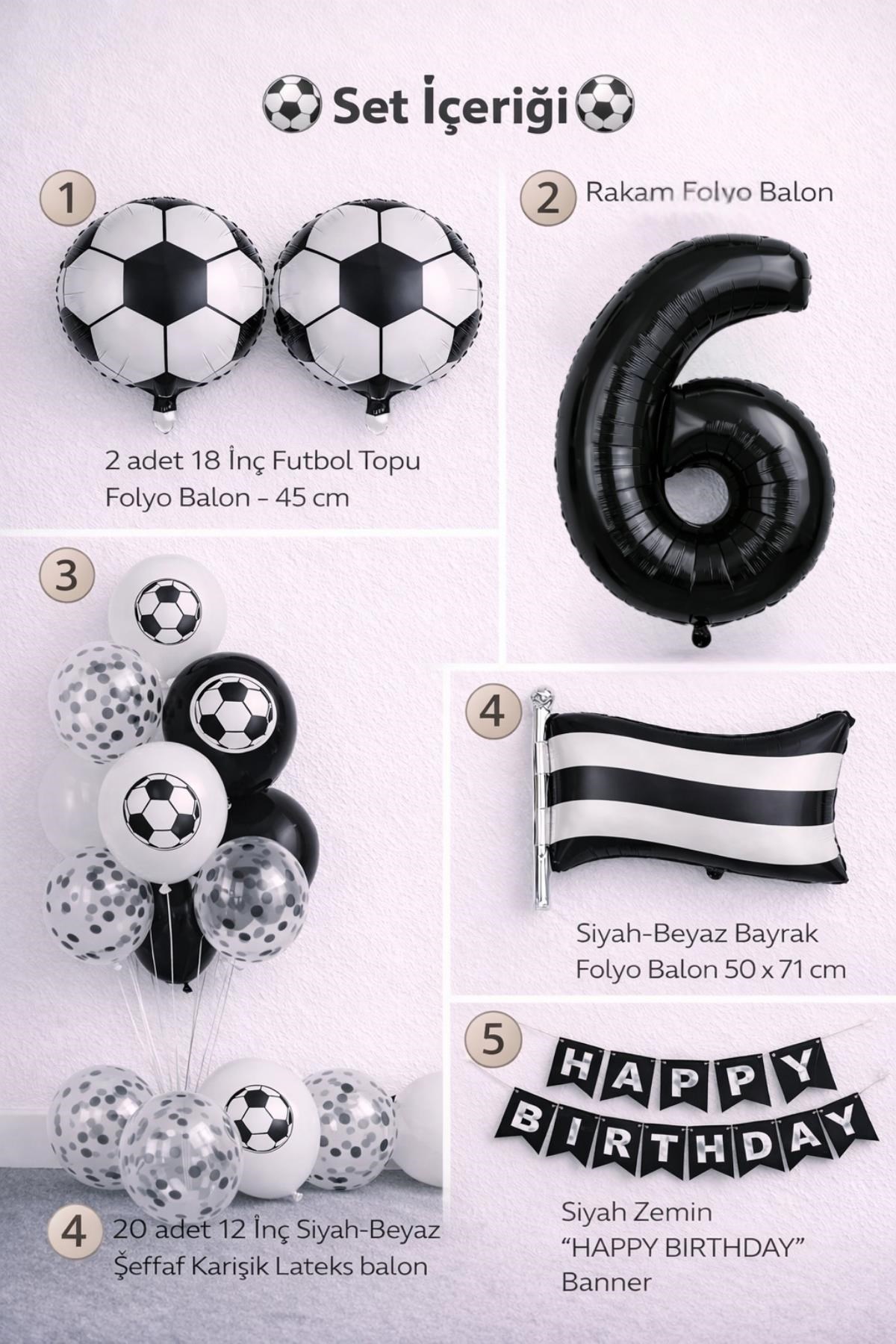 Siyah Beyaz Futbol Temalı 6 Yaş Doğum Günü Balon Seti