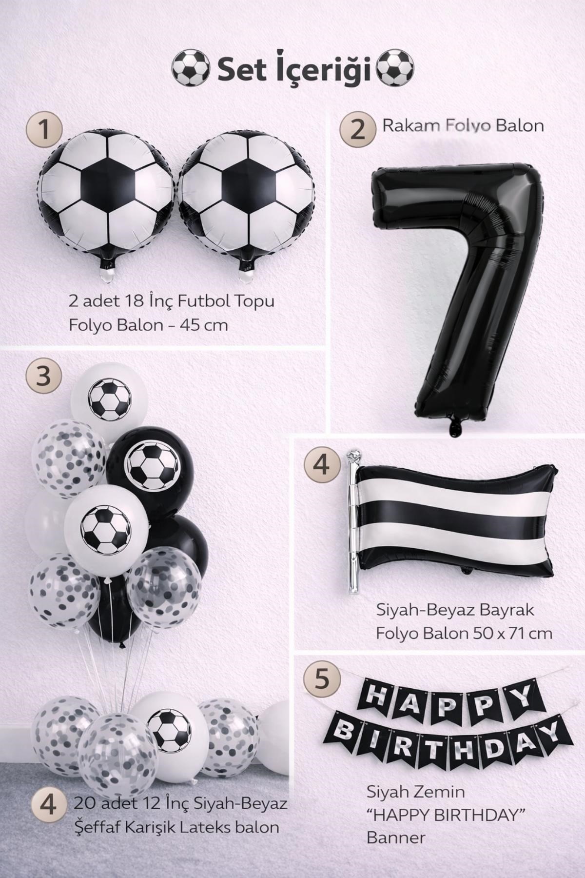 Siyah Beyaz Futbol Temalı 7 Yaş Doğum Günü Balon Seti