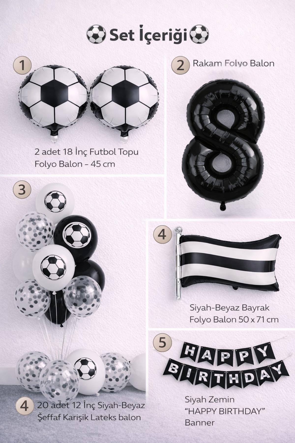 Siyah Beyaz Futbol Temalı 8 Yaş Doğum Günü Balon Seti