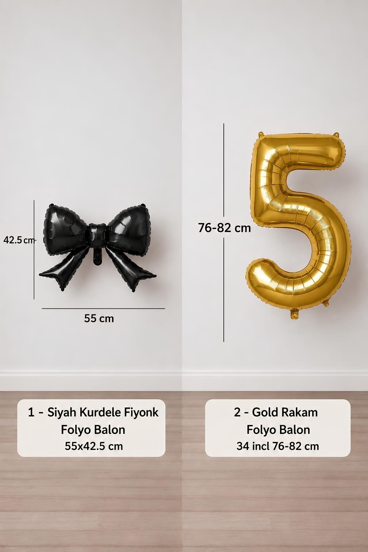 Siyah Fiyonk & Gold 5 Rakam Folyo Balon Seti