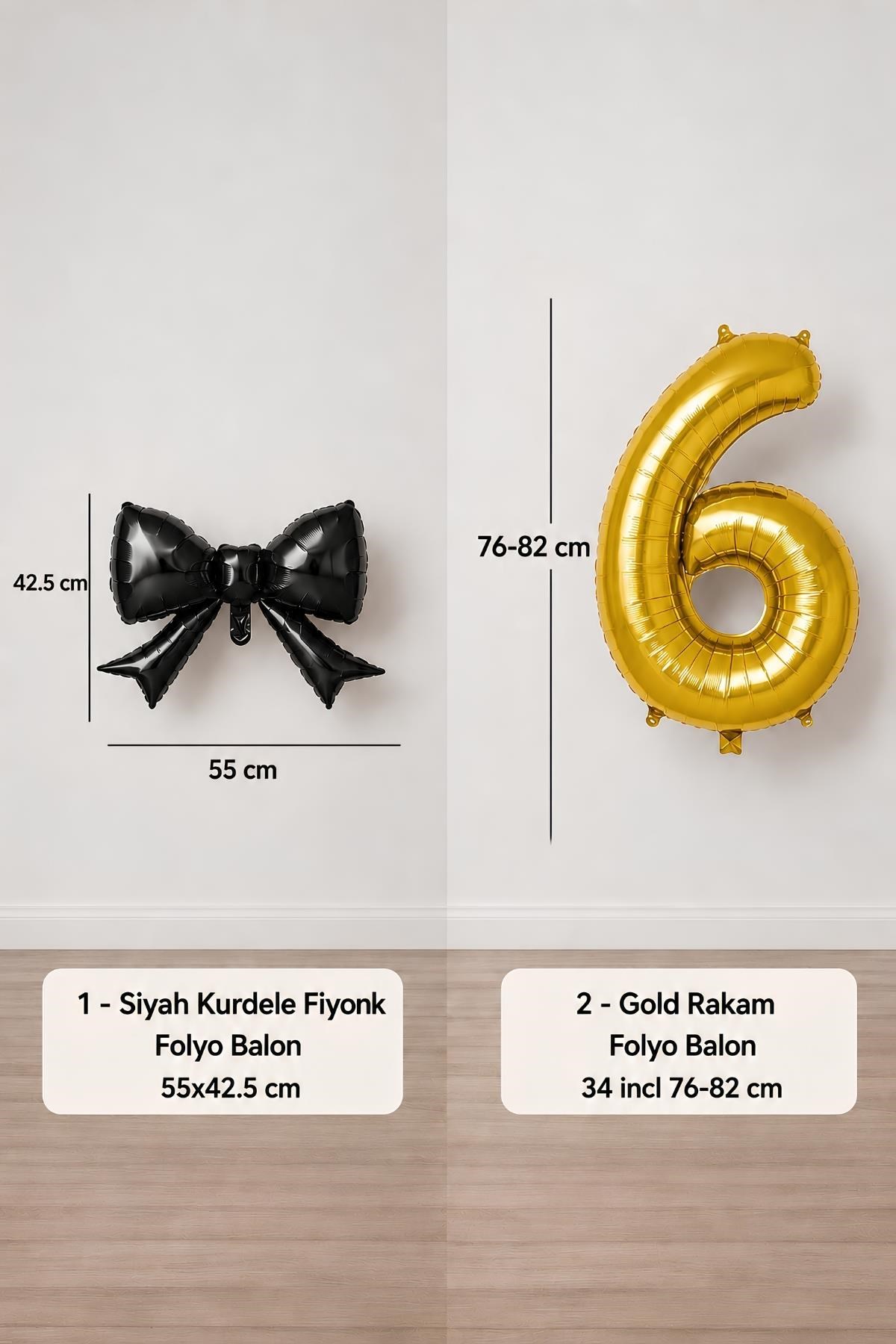 Siyah Fiyonk & Gold 6 Rakam Folyo Balon Seti