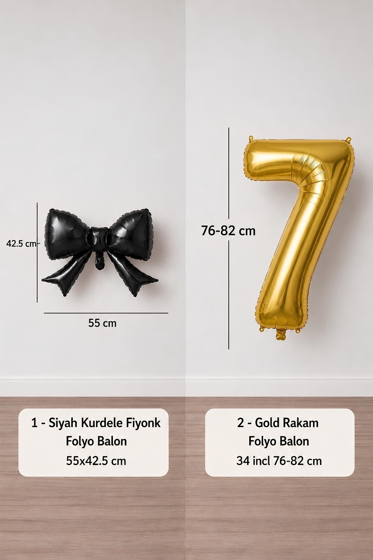 Siyah Fiyonk & Gold 7 Rakam Folyo Balon Seti